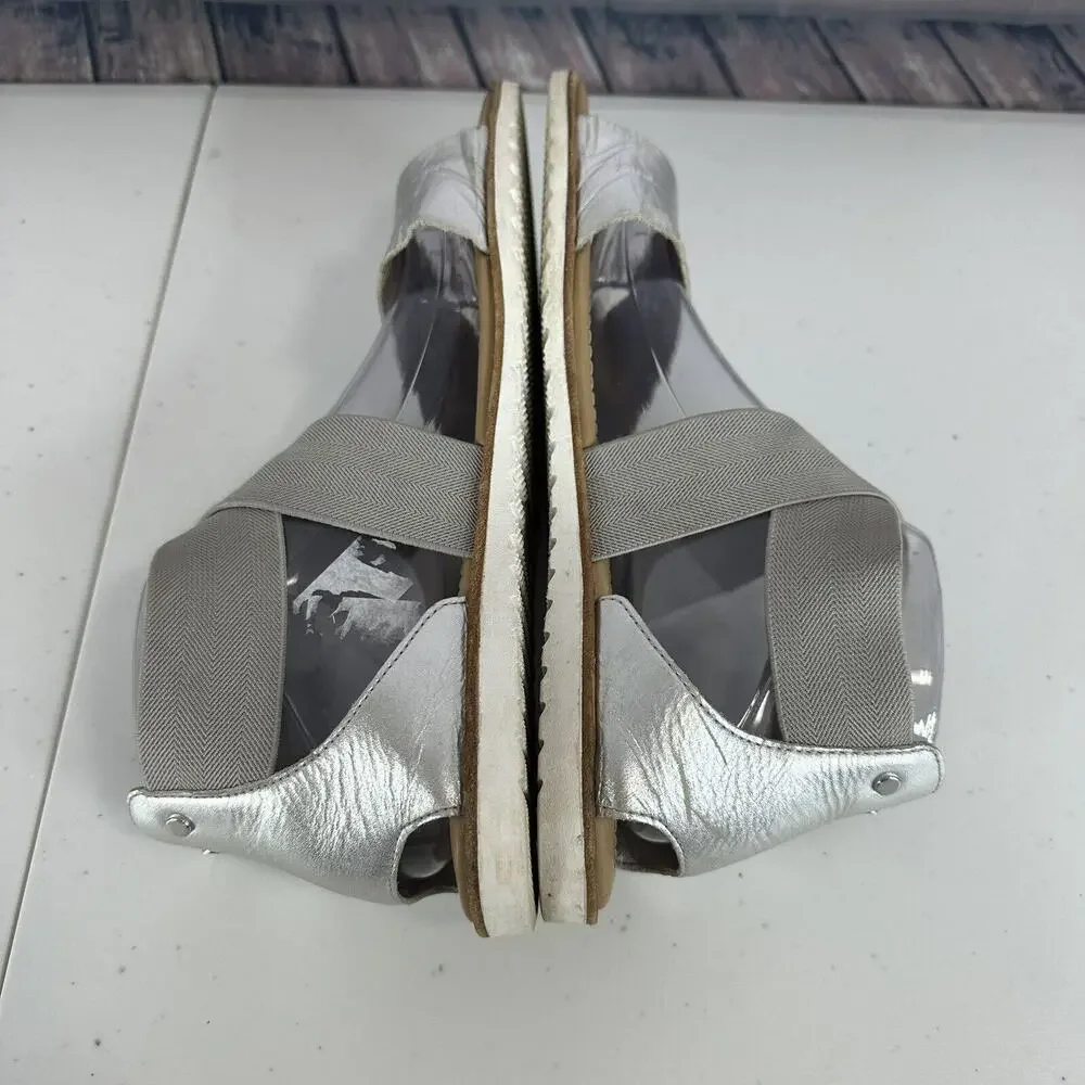 Sorel Sandals Womens 9.5 Silver Cross Strap Flat‎ Slip On Leather Ella